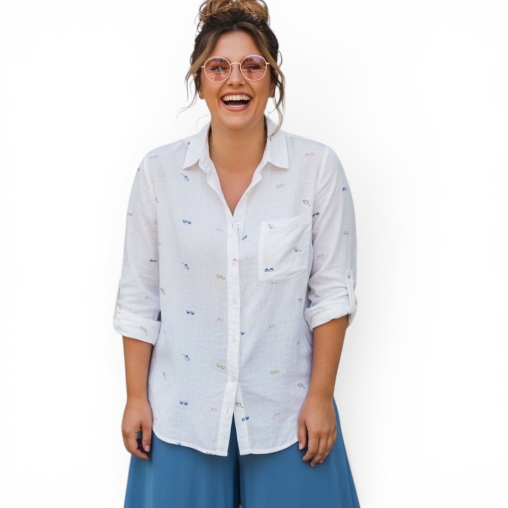 Sunglasses Embroidered White Cotton XL Button Down Shirt Long Sleeve Pocket Top